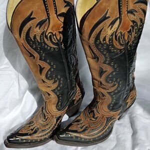 Corral Ladies Leather Cowboy Boots, Black and Cognac w/Studded Inlay Design...